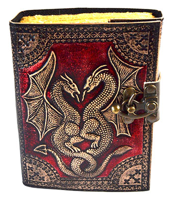 (image for) Red Double Dragon aged looking paper leather w/ latch 4 1/2" x 6 1/2" - Unlined